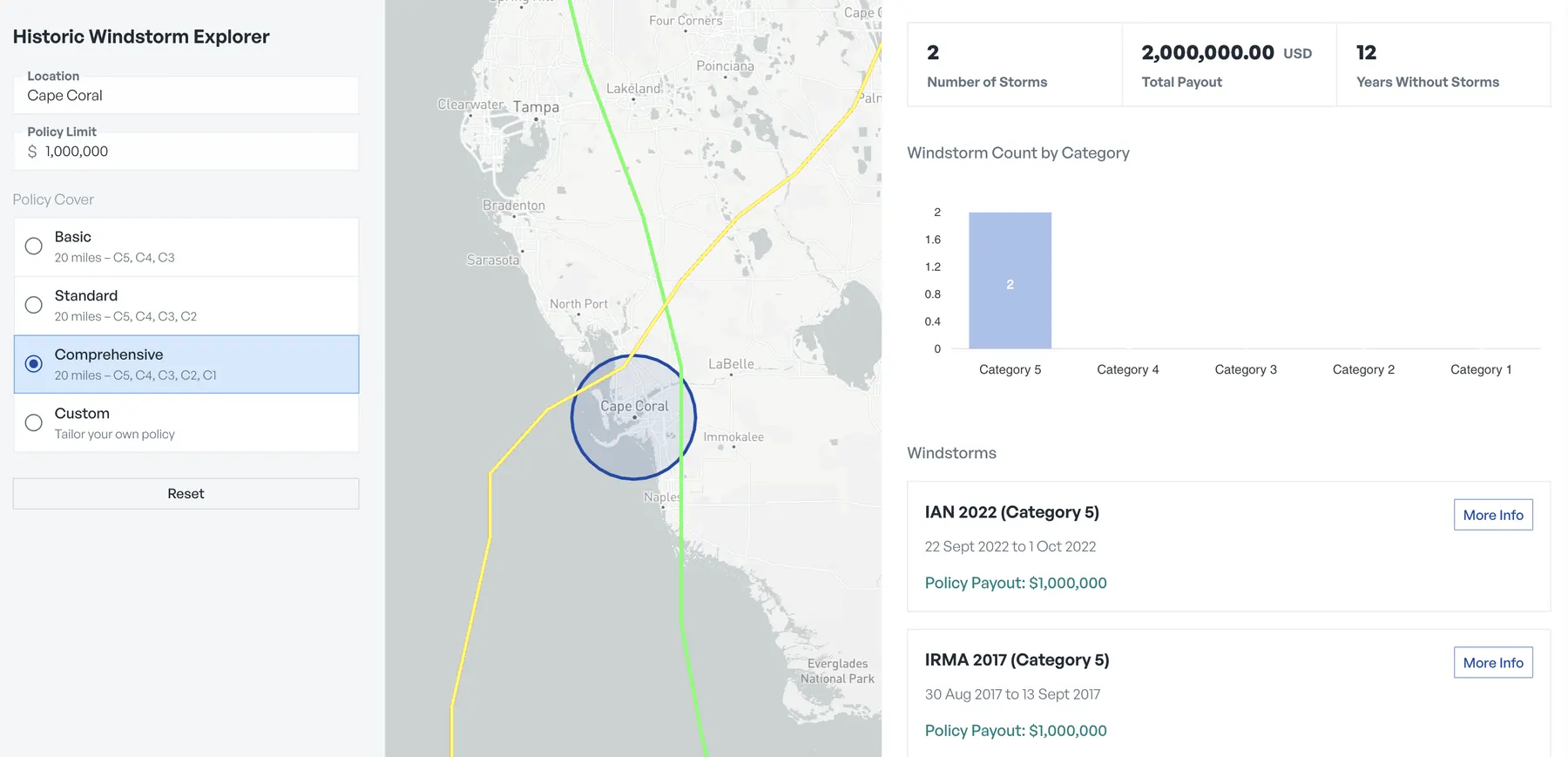 Hurricane explorer showing historic storm tracks around a location