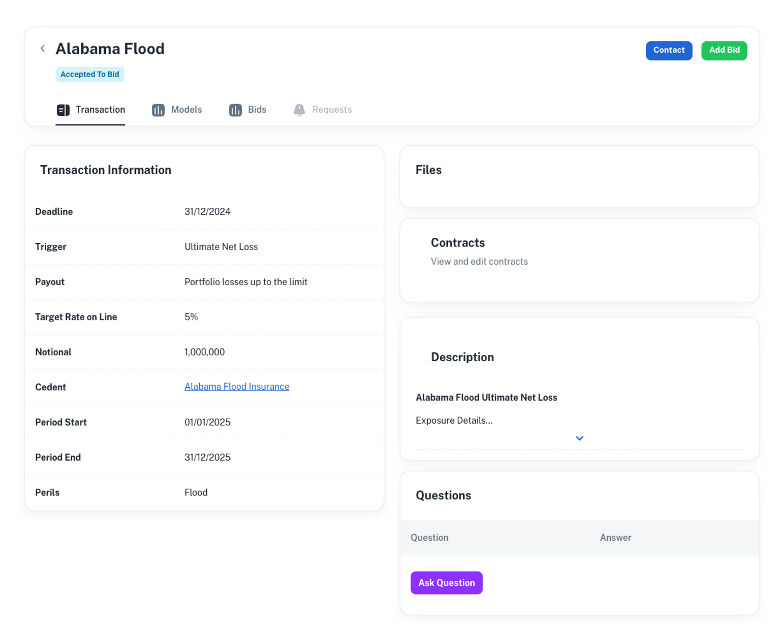 Transaction management view with bids, terms and status